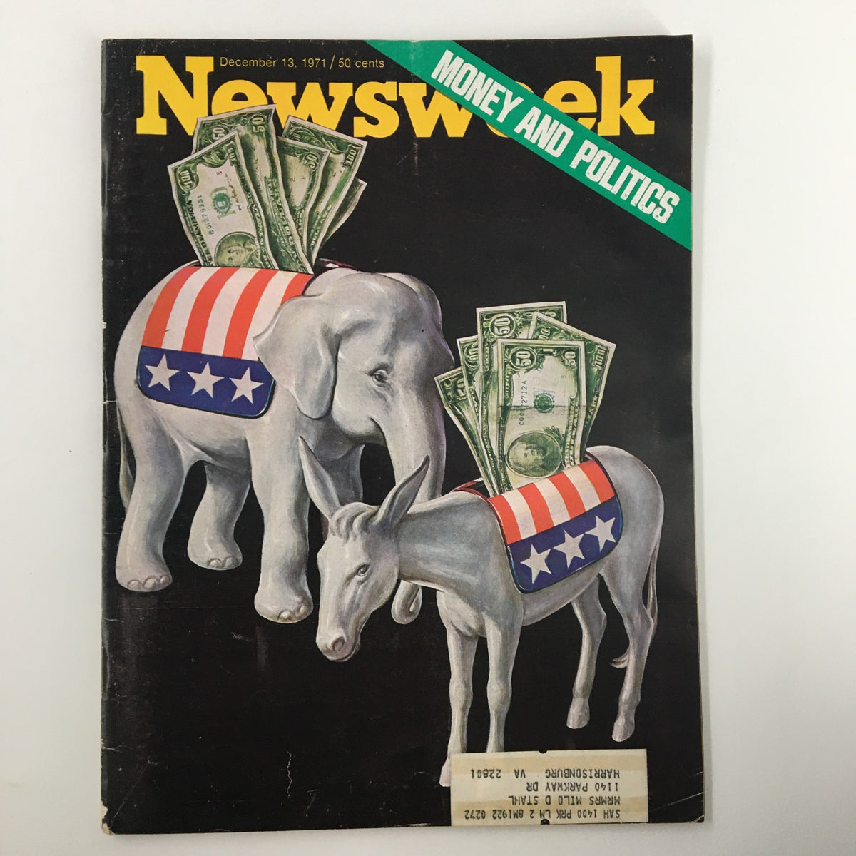Cover of VTG Newsweek Magazine from December 13, 1971 featuring illustrations of an elephant and a donkey with money symbolizing the theme of money and politics in the United States.