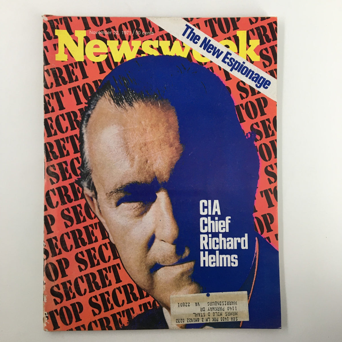 VTG Newsweek Magazine cover from November 22, 1971, featuring CIA Chief Richard Helms with the title 'The New Espionage', showcasing a vintage design and historical significance.