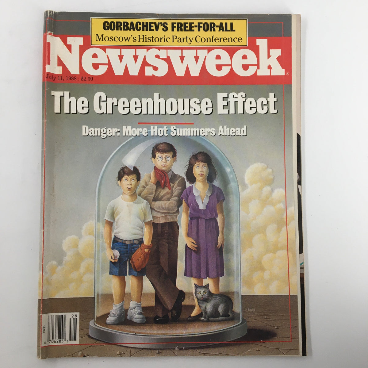 Cover of the Newsweek magazine dated July 11, 1988, featuring the title 'The Greenhouse Effect: Danger: More Hot Summers Ahead.' The cover art depicts children and a cat inside a glass dome, symbolizing environmental concerns. This vintage magazine is a collectible item addressing climate issues.