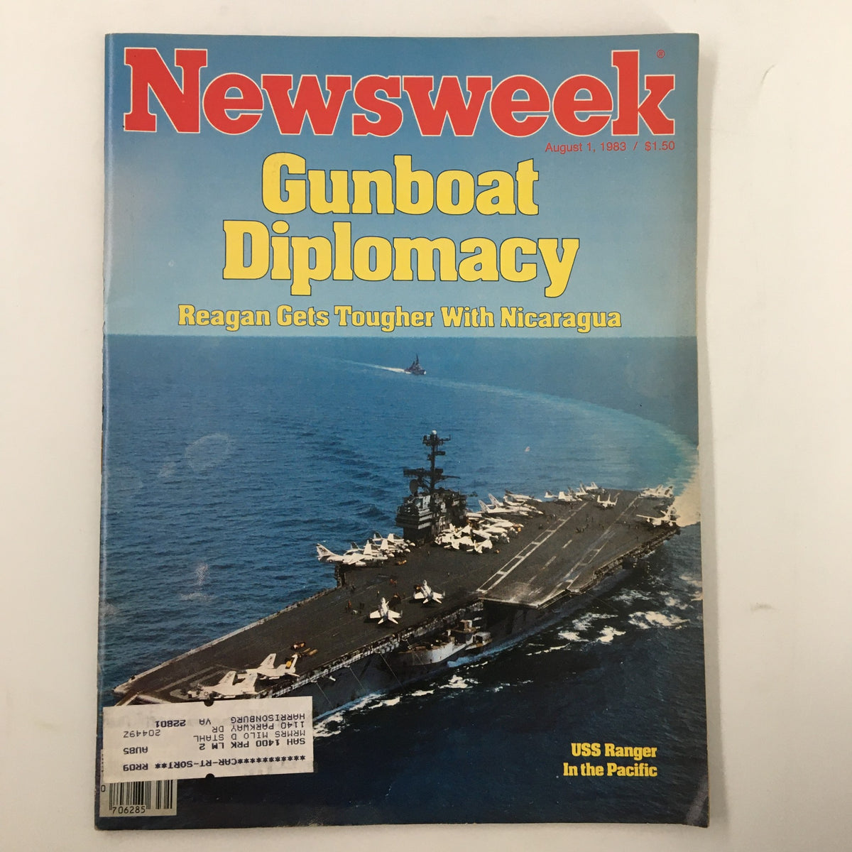 Vintage Newsweek Magazine cover from August 1, 1983, featuring the title 'Gunboat Diplomacy' and depicting the USS Ranger in the Pacific. The cover discusses Reagan's policies and military strategies of the era.