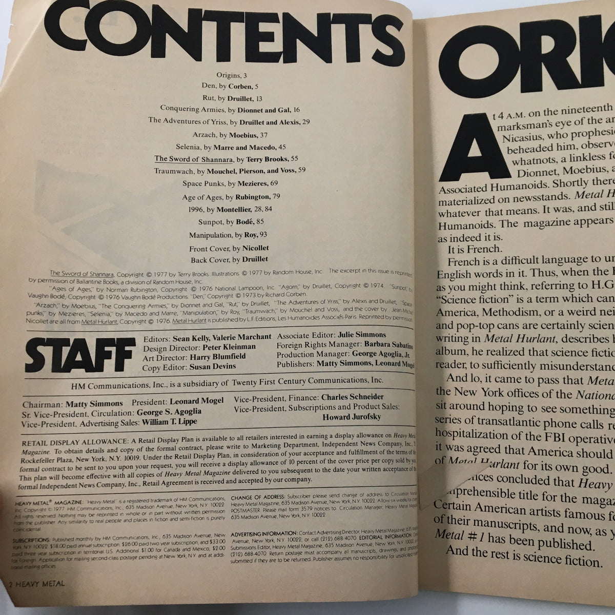 Contents page of VTG Heavy Metal Magazine April 1977, listing articles including 'The Sword of Shannara' and featuring editorial staff information.