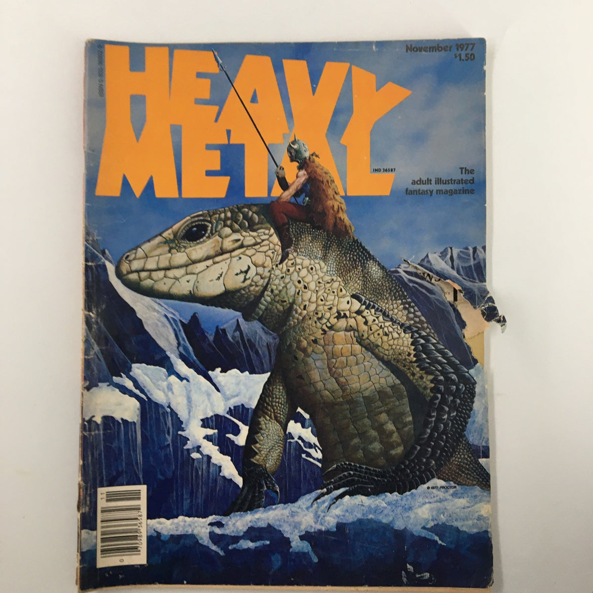 Cover of VTG Heavy Metal Magazine from November 1977, Volume I, Issue #8, featuring vibrant fantasy art of a man riding a large lizard-like creature against a backdrop of icy mountains.