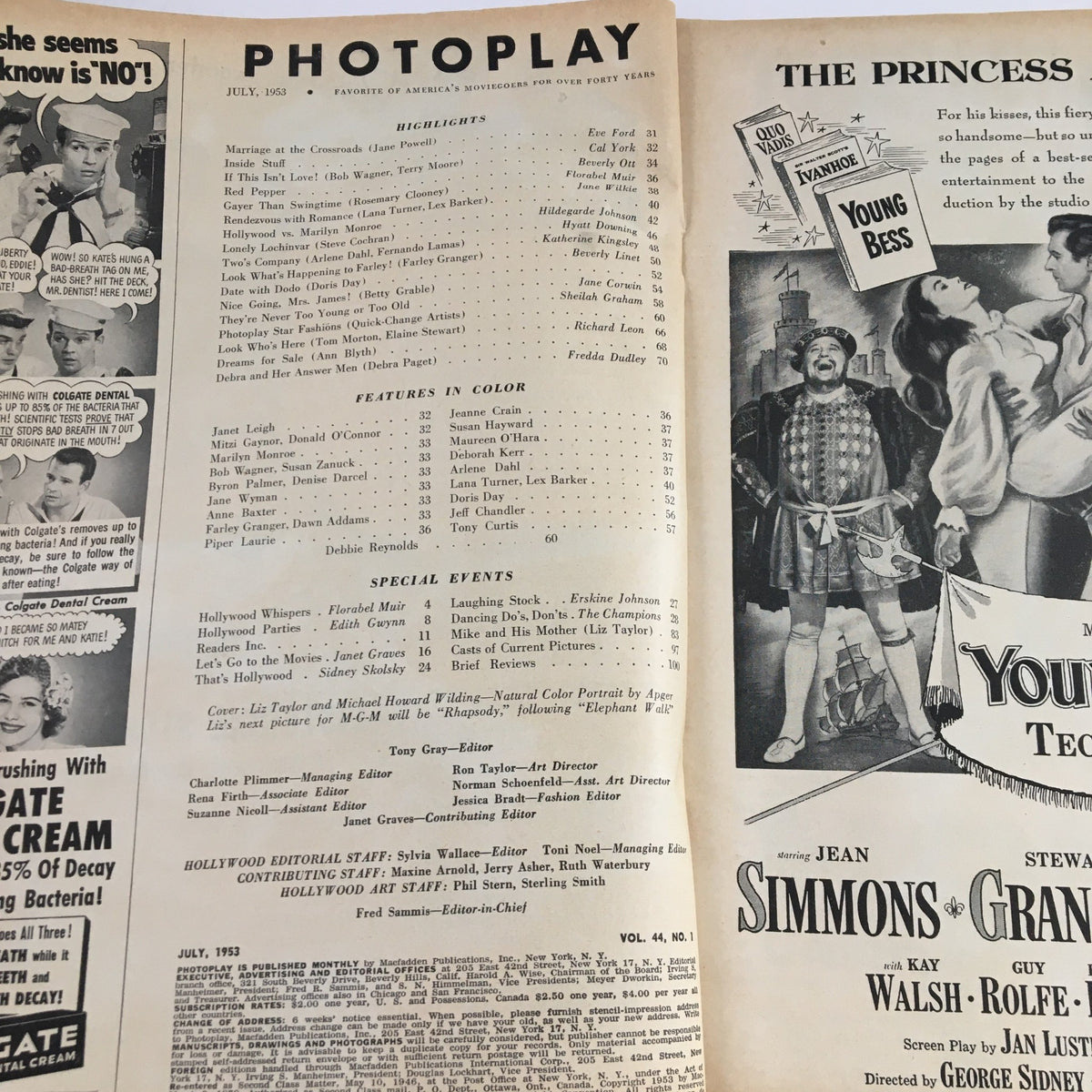 Interior page of Photoplay Magazine July 1953 displaying highlights and features including star articles and movie sections.