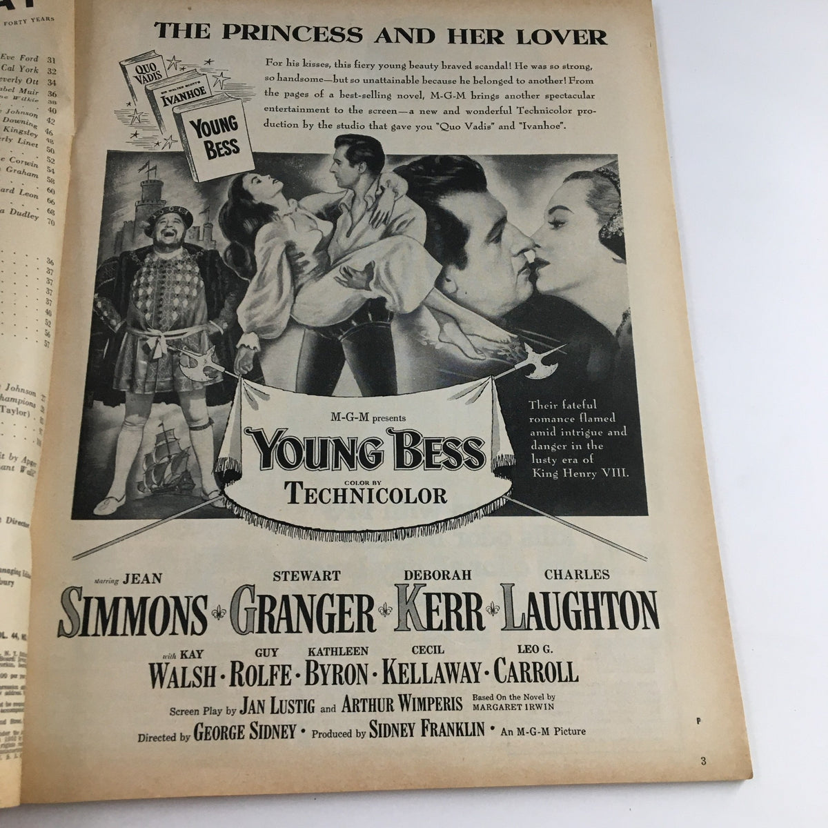 Another interior page of Photoplay Magazine July 1953 featuring a movie advertisement for Young Bess with cast names and details.