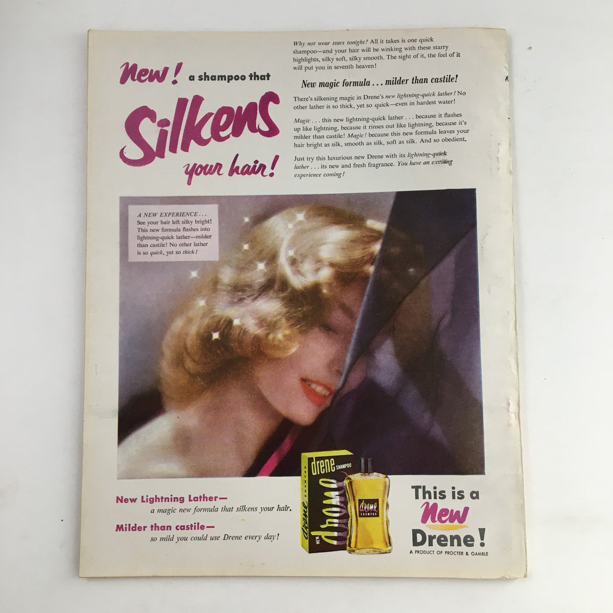 Vintage advertisement for Drene shampoo featuring a glamorous model with silky hair, from the Photoplay Magazine July 1953 issue highlighting Liz Taylor, Michael Howard Wilding, and Marilyn Monroe.