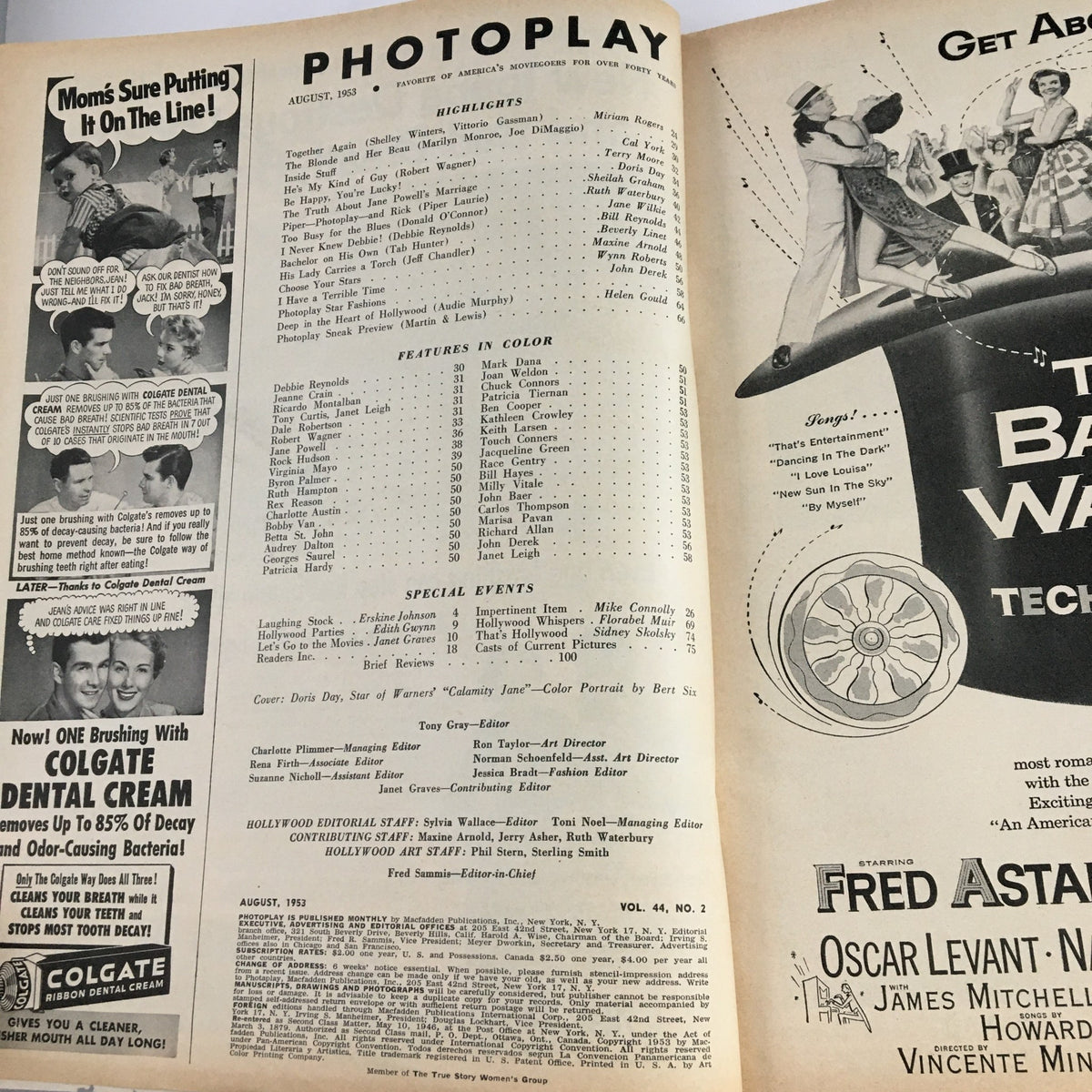 Inside page of Photoplay Magazine August 1953 highlighting featured articles and celebrities within the issue.
