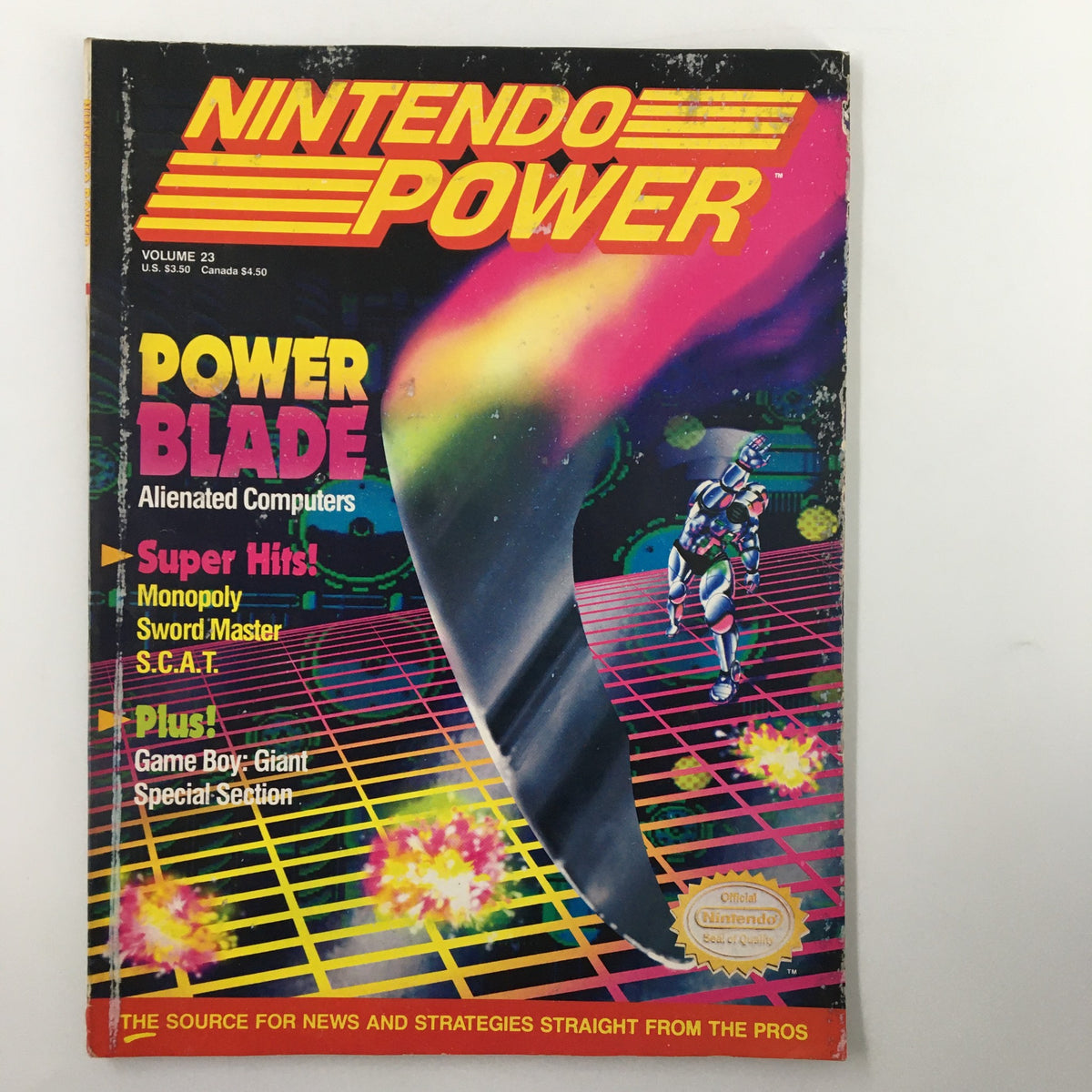 Cover of Nintendo Power Magazine April 1991 Issue #23 featuring Power Blade and Alienated Computers. The vibrant artwork includes a robotic character and colorful graphics, highlighting retro gaming culture.