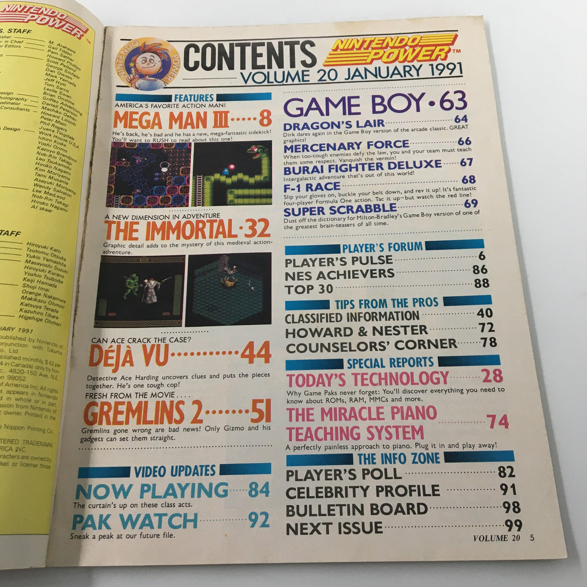 Contents page of Nintendo Power Magazine January 1991, Issue #20, listing features including Mega Man III, The Immortal, and Deja Vu.