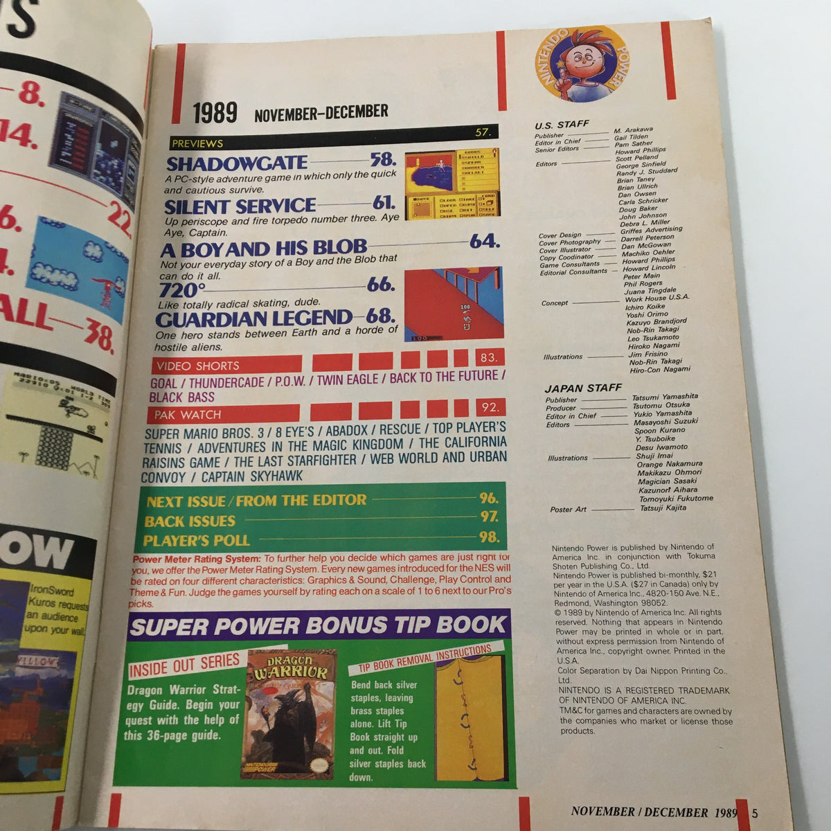 Inside page of Nintendo Power Magazine from November 1989 featuring game previews, including Shadowgate, Silent Service, and A Boy and His Blob, related to Tetris game.