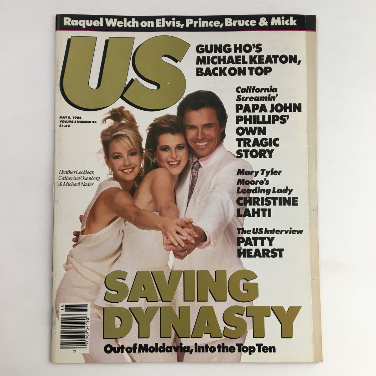 Cover of US Magazine from May 5, 1986 featuring Heather Locklear, Catherine Oxenberg, and Michael Nader, highlighting 'Saving Dynasty' and other stories related to 1980s pop culture.