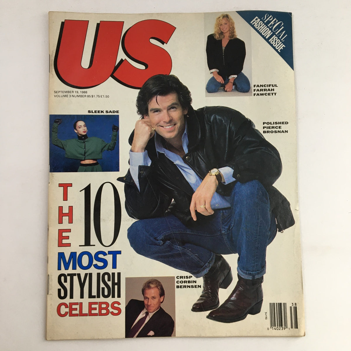 US Magazine September 19, 1988 featuring cover stars Sade, Pierce Brosnan and Farrah Fawcett, showcasing 'The 10 Most Stylish Celebs' in a special fashion issue.