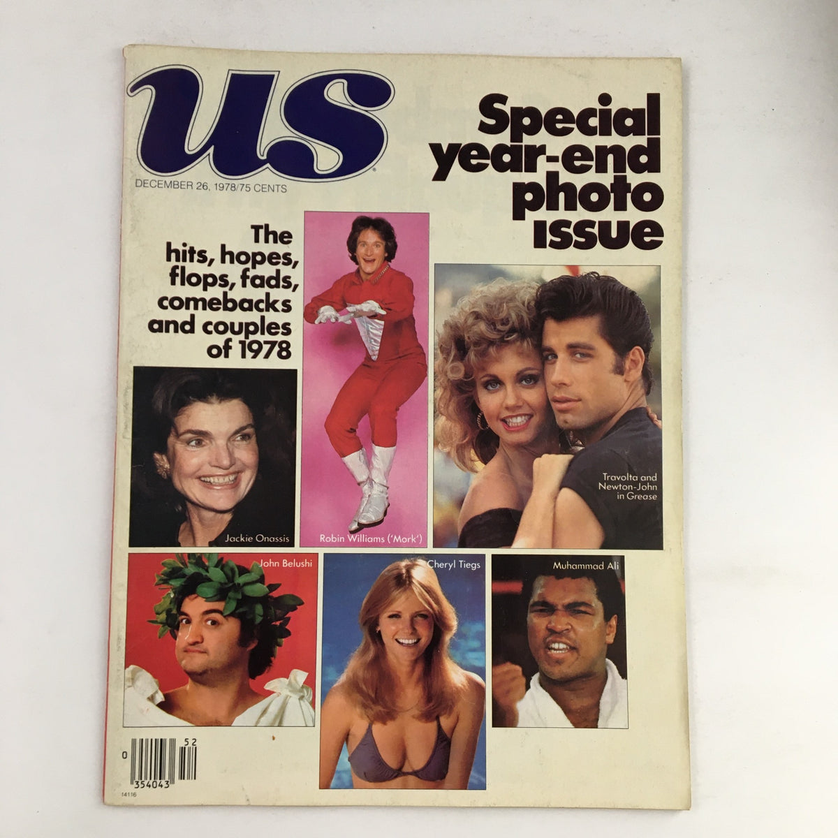 US Magazine December 26, 1978, featuring notable figures like Jackie Onassis, Robin Williams, Cheryl Tiegs, and John Belushi. The cover highlights the special year-end photo issue discussing the hits, hopes, flops, fads, comebacks, and couples of 1978.