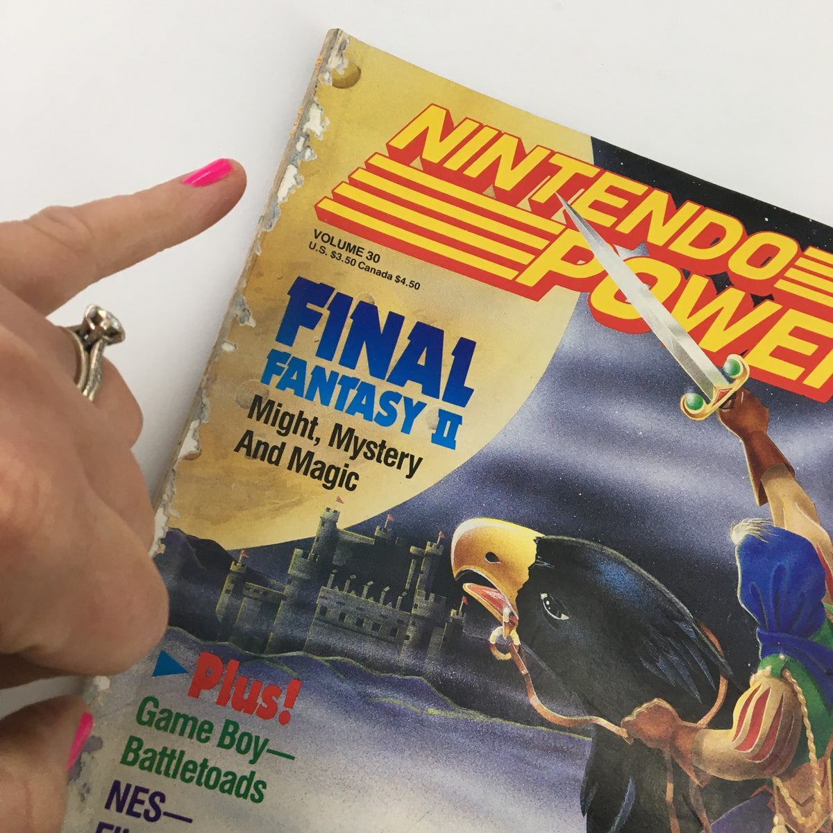 Close-up of the cover of Nintendo Power Magazine November 1991 #30, highlighting the title "Final Fantasy II" and featuring details of the magazine's edge and condition.