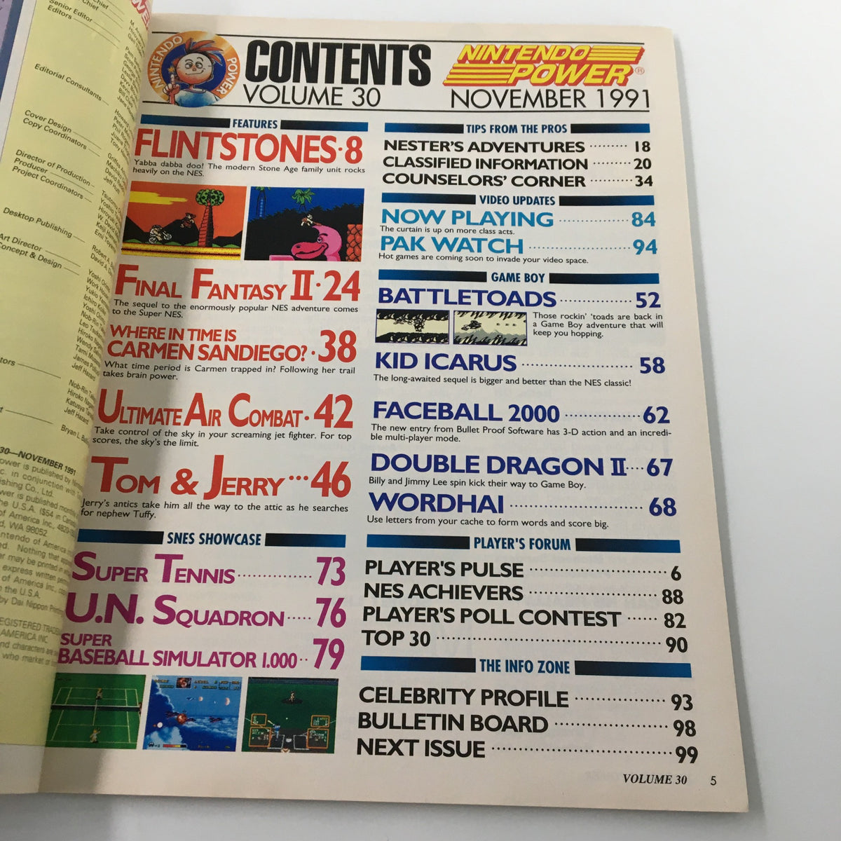 Contents page of Nintendo Power Magazine November 1991 #30 detailing features such as Final Fantasy II and more, showcasing articles and topics covered.