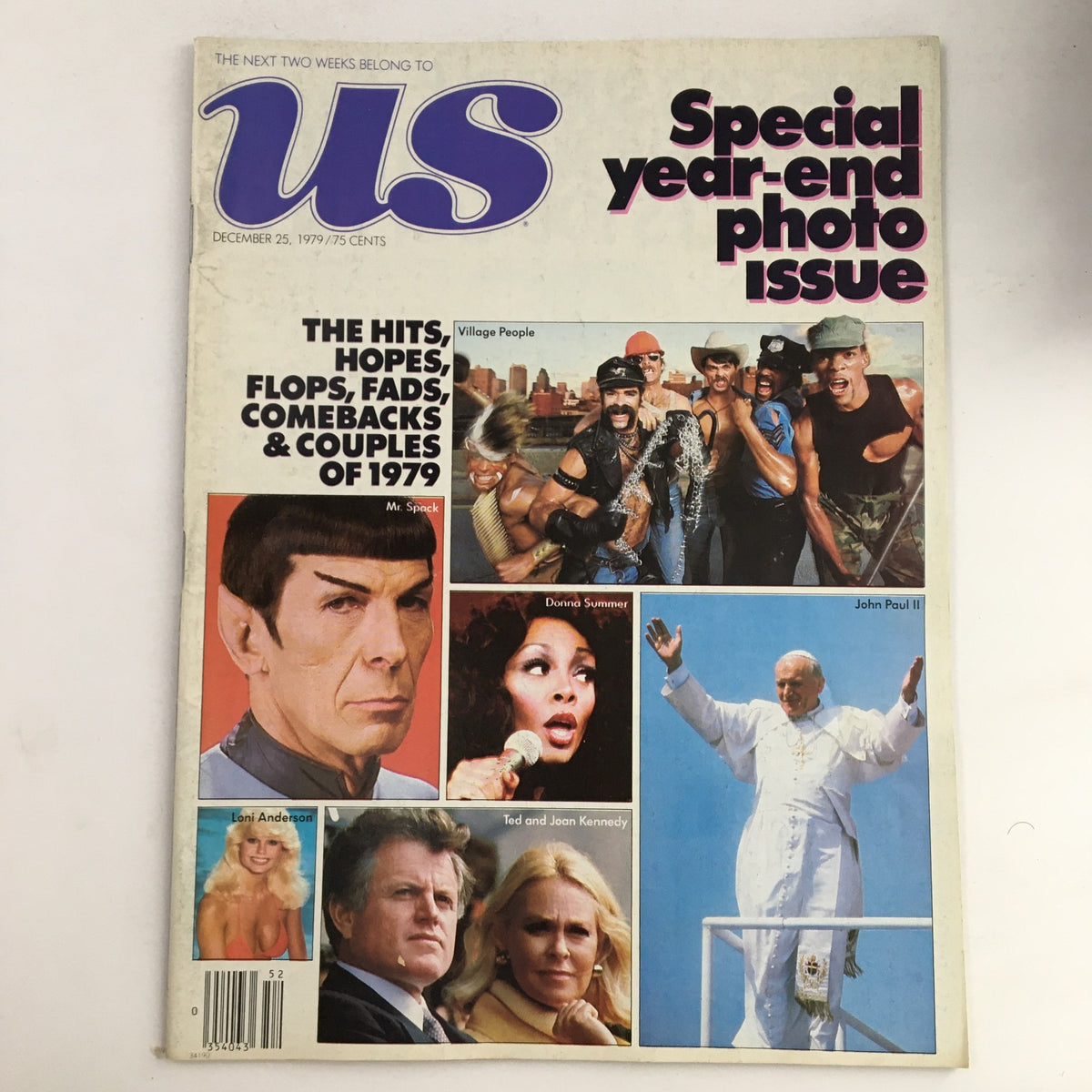 US Magazine December 25, 1979, featuring the Village People, Donna Summer, and John Paul II on the cover. A special year-end photo issue showcasing pop culture highlights from 1979.
