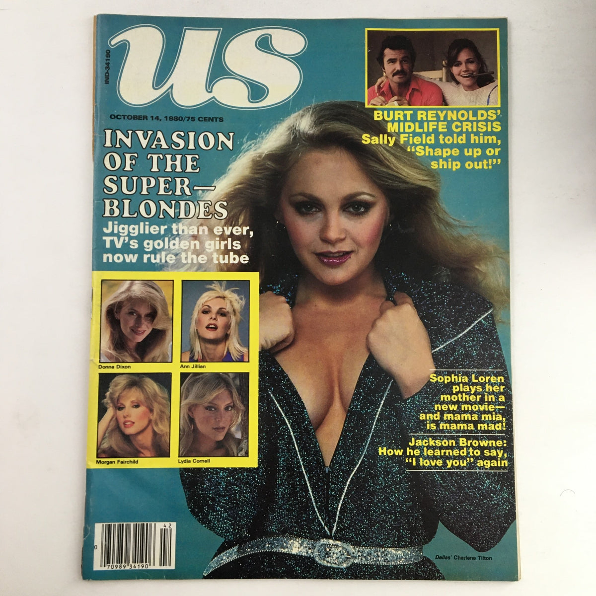 US Magazine cover from October 14, 1980 featuring Sophia Loren, Donna Dixon, Ann Jillian, and other blonde actresses. Title reads 'Invasion of the Super-Blondes' with additional content highlighting Burt Reynolds and Jackson Browne.