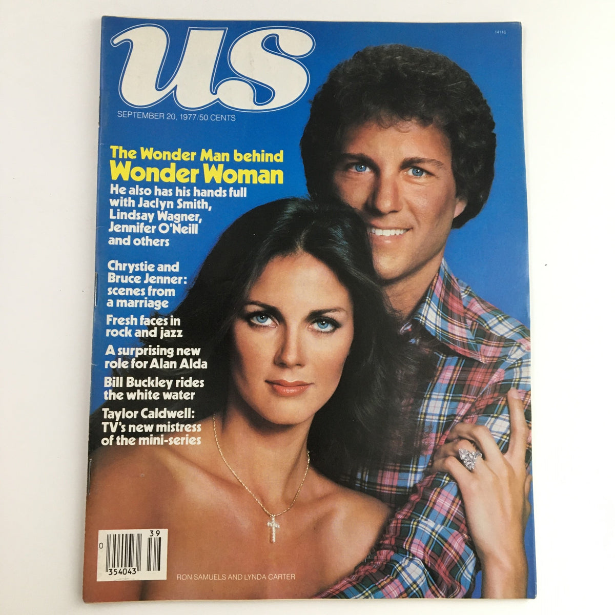 Cover of US Magazine dated September 20, 1977 featuring Ron Samuels and Lynda Carter, known for her role as Wonder Woman, highlighting articles on celebrities and pop culture of the late 1970s.