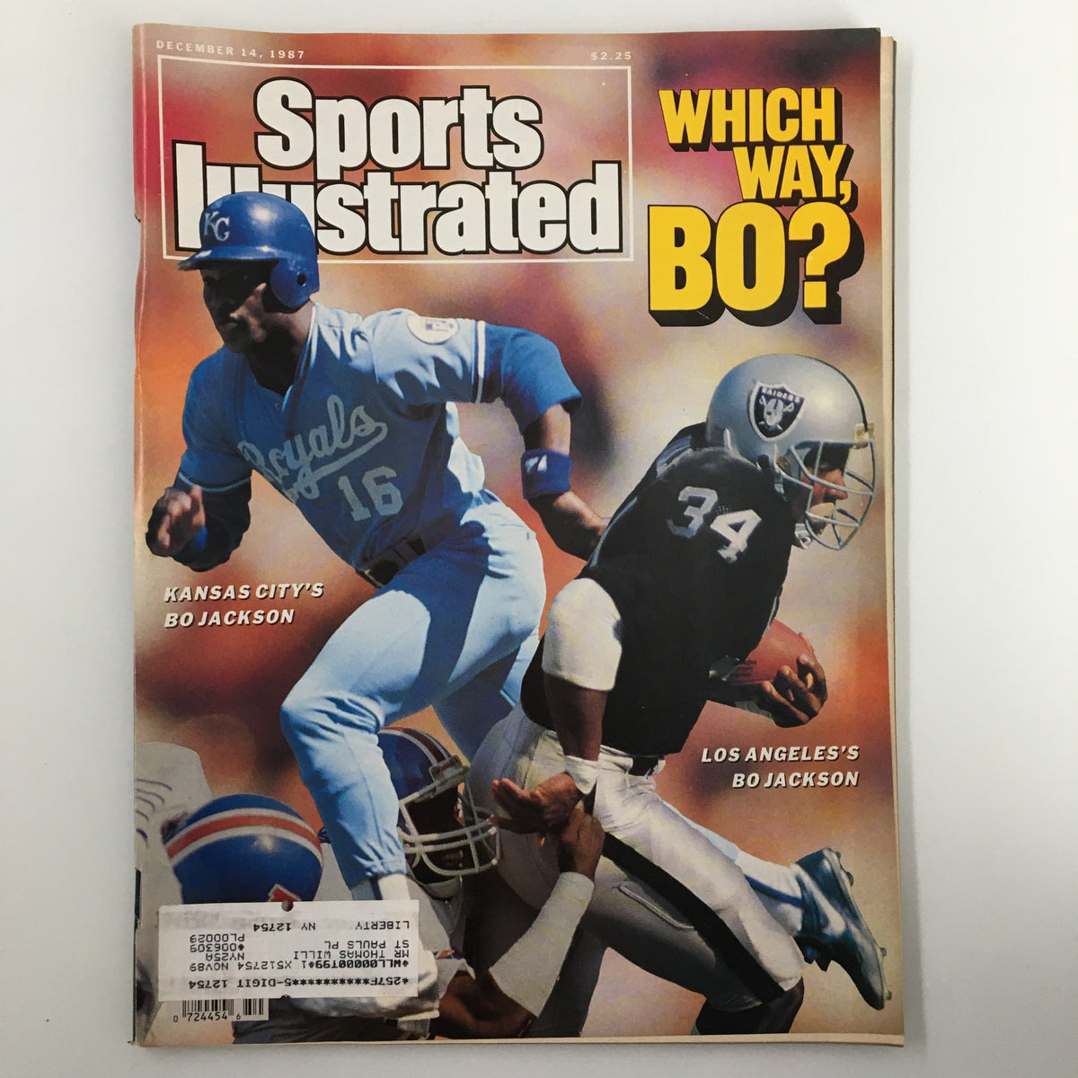 Cover of Vintage Sports Illustrated Magazine from December 14, 1987, featuring football player Bo Jackson in action, showcasing his dual-sport career with the text 'Which Way, Bo?'