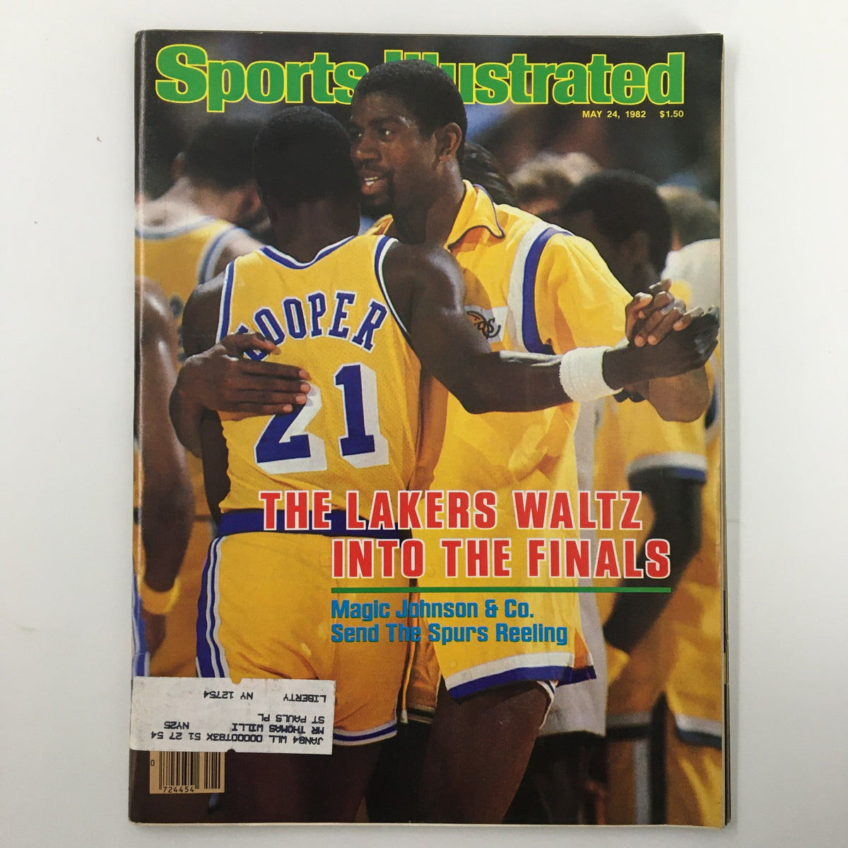 Vintage Sports Illustrated magazine cover from May 24, 1982, featuring basketball legends Magic Johnson and Michael Cooper. The cover showcases the headline 'The Lakers Waltz Into The Finals', highlighting a pivotal moment in 1980s basketball history.