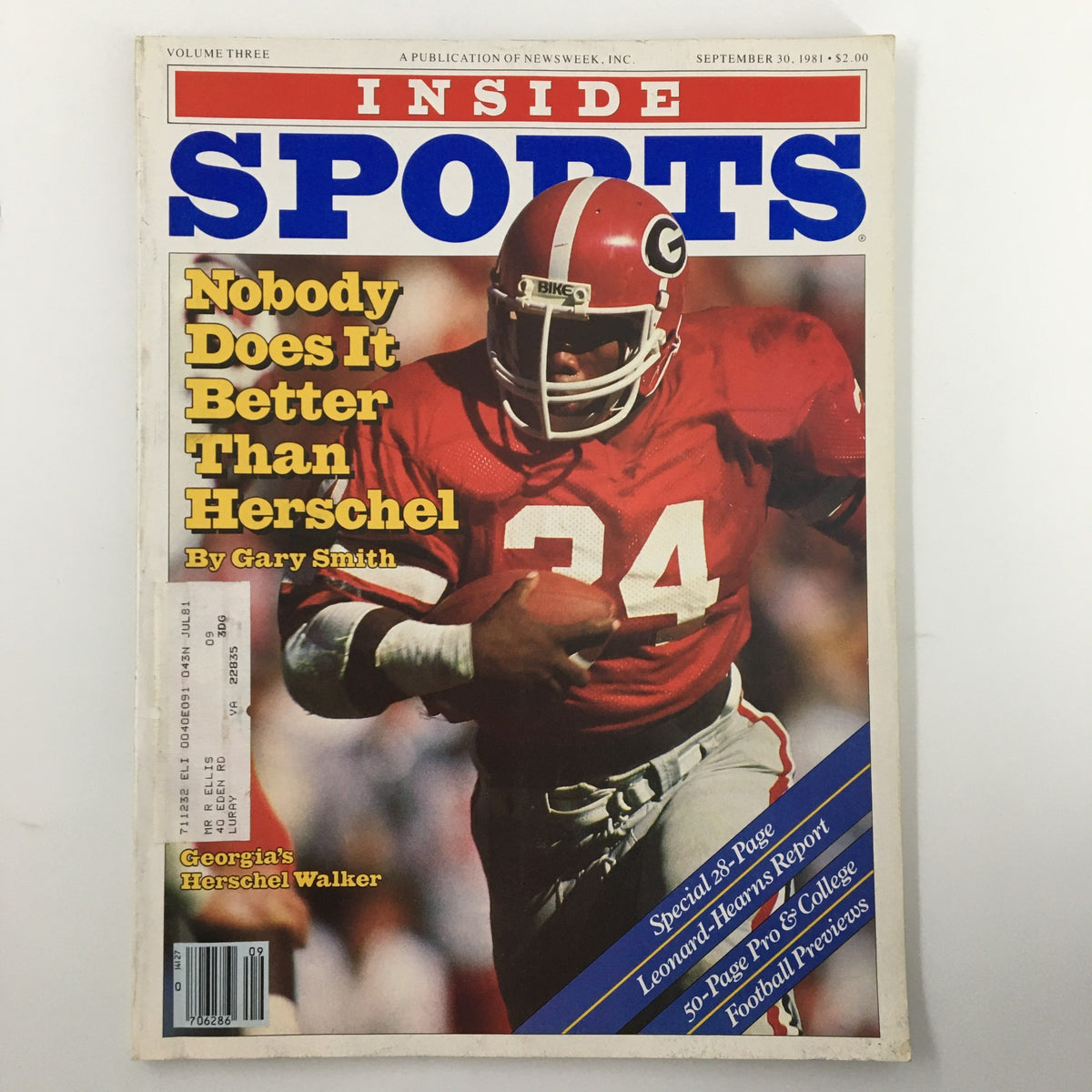 Cover of Inside Sports Magazine from September 10, 1981, featuring Georgia's Herschel Walker in a red football uniform, illustrating the article titled 'Nobody Does It Better Than Herschel'.