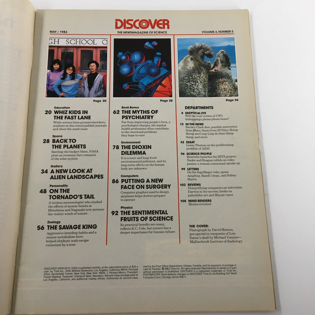 Inside page of VTG Discover Magazine May 1983, highlighting various articles including 'Back to the Planets', 'The Dioxin Dilemma', and 'Putting a New Face on Surgery'. This page presents the magazine's table of contents showcasing its significant themes.