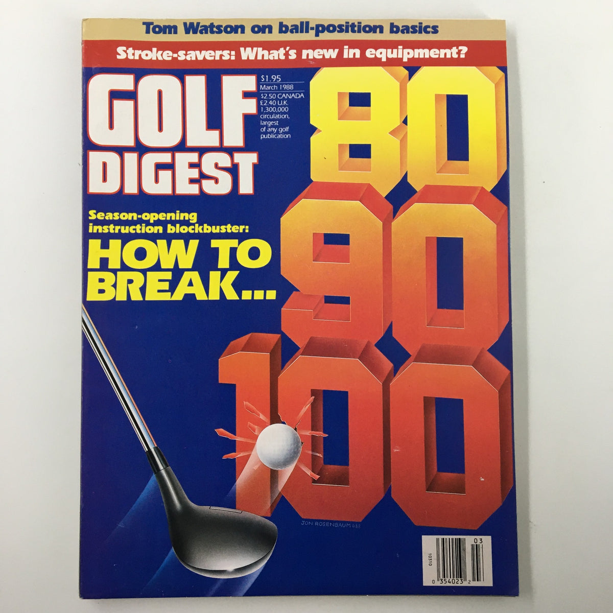 Vintage Golf Digest Magazine Cover from March 1988 featuring the title 'How To Break...' with vibrant graphics and a golf club illustration, celebrating the season opening and offering tips for golfers.