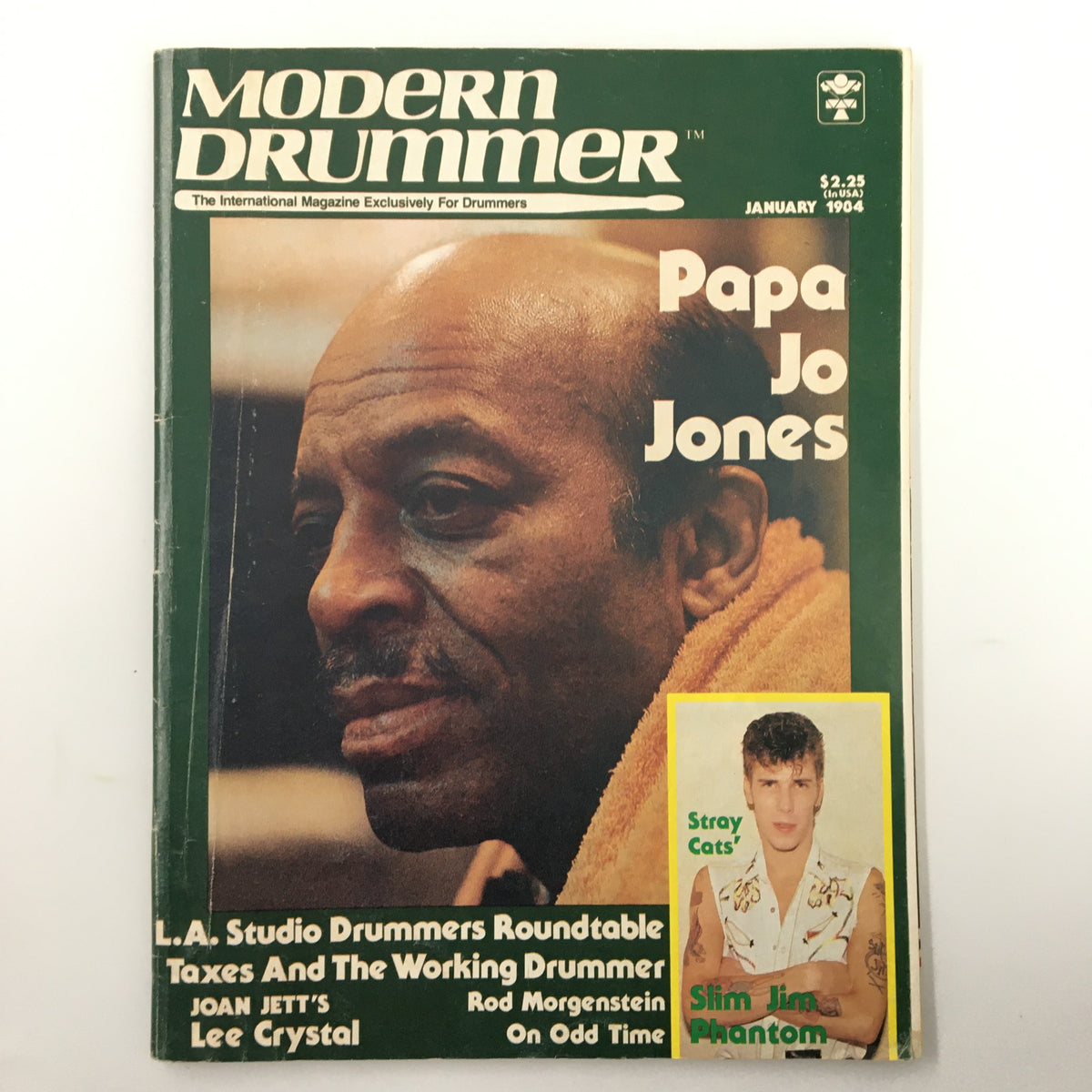 Cover of the January 1984 VTG Modern Drummer Magazine featuring Papa Jo Jones and Slim Jim Phantom, highlighting drumming culture and influential musicians.