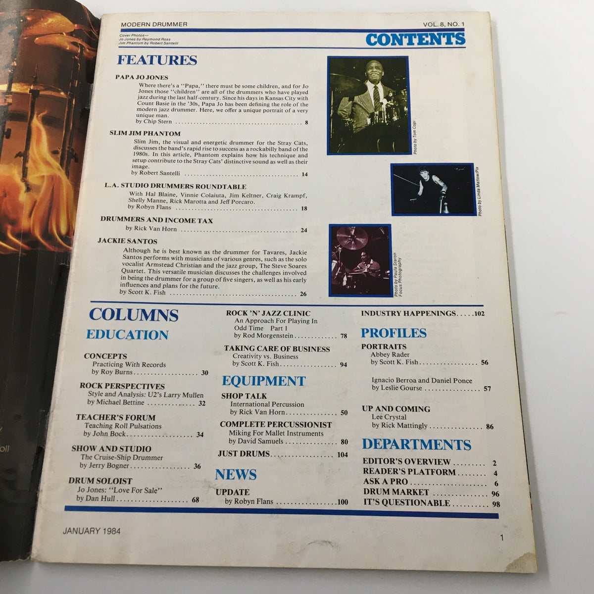Inside page of the January 1984 VTG Modern Drummer Magazine displaying the contents section, featuring articles on Papa Jo Jones, Slim Jim Phantom, and drumming techniques.