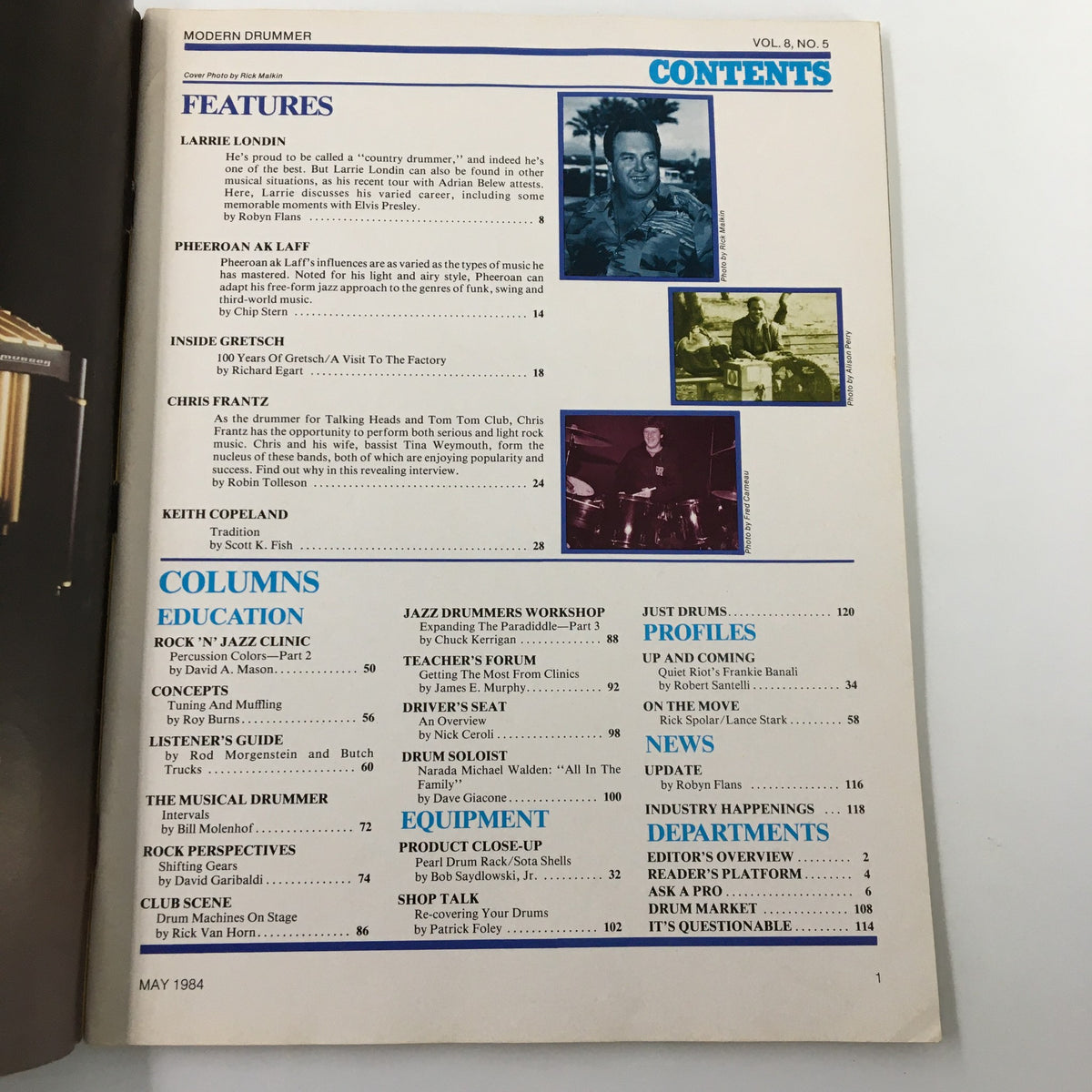 Contents page of Modern Drummer Magazine May 1984 highlighting features on Larrie Londin, Chris Frantz, and Keith Copeland, along with various educational columns and profiles.