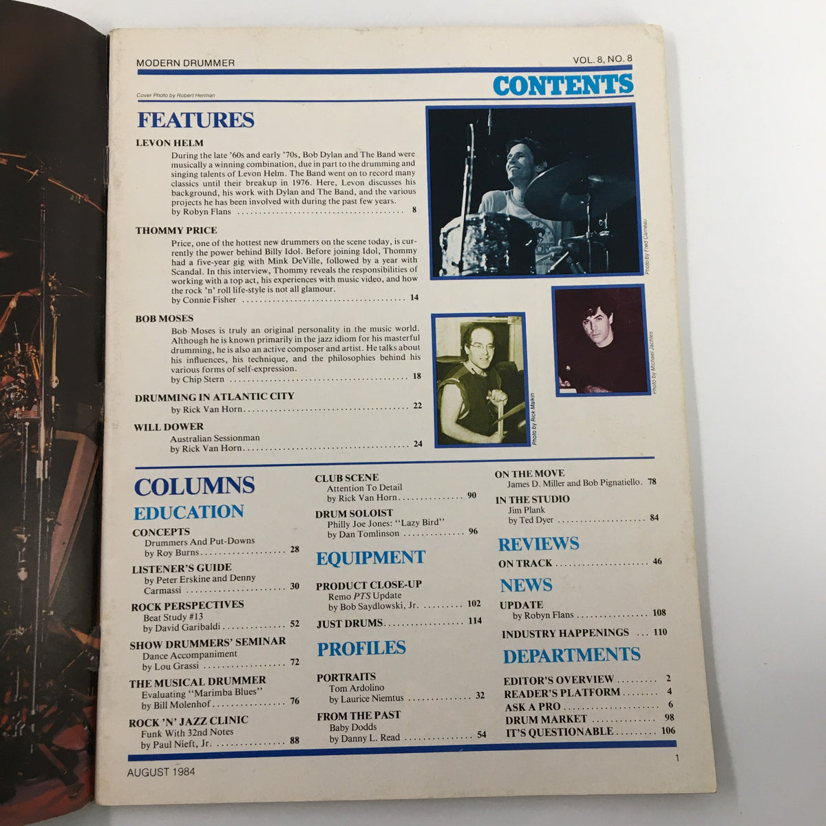 Table of contents from the August 1984 issue of Modern Drummer magazine. Features sections on Levon Helm, Thommy Price, and Bob Moses, alongside educational columns and musician profiles relevant to the drumming community.