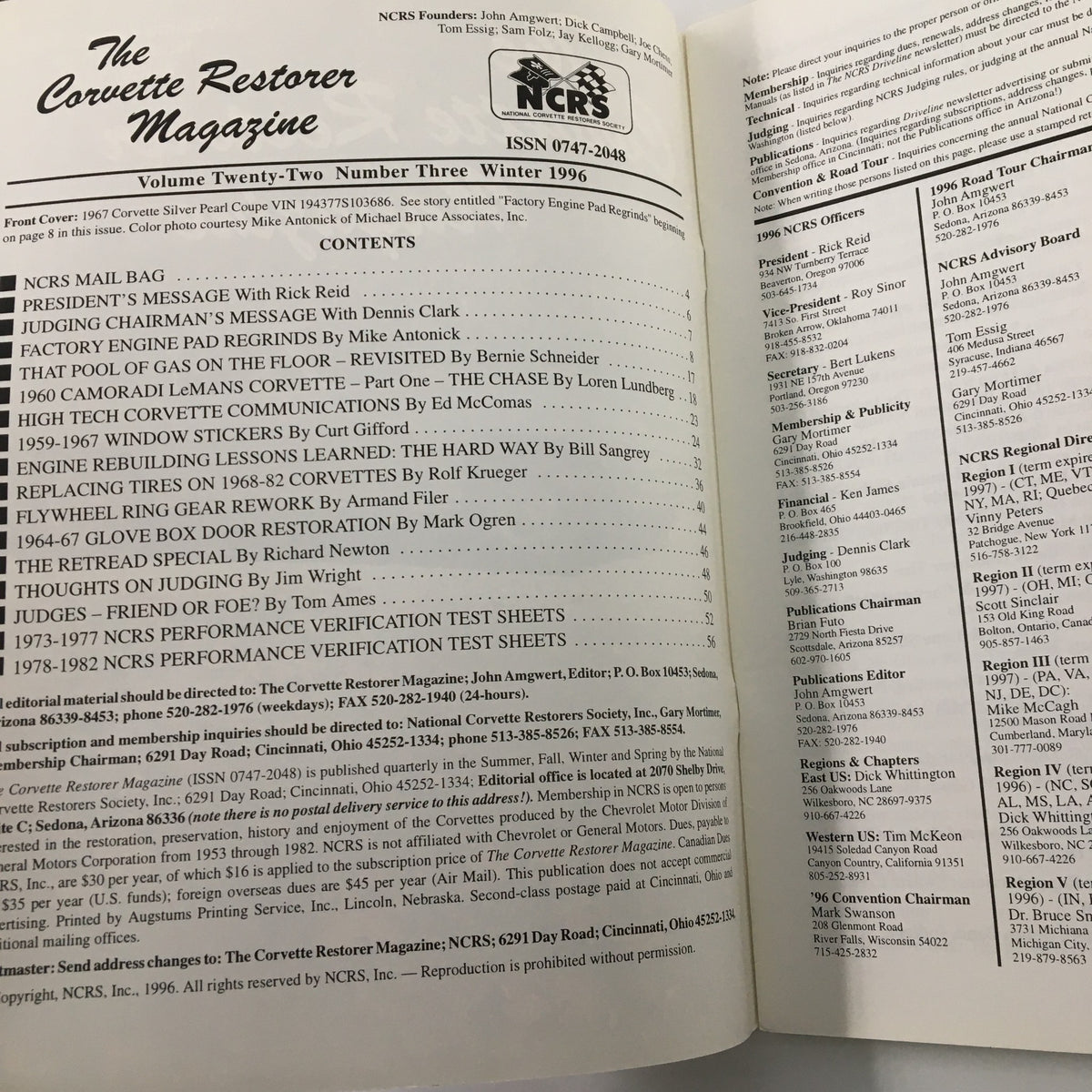 Interior page of The Corvette Restorer Magazine Winter 1996, showcasing the table of contents and various articles related to Corvette restoration.