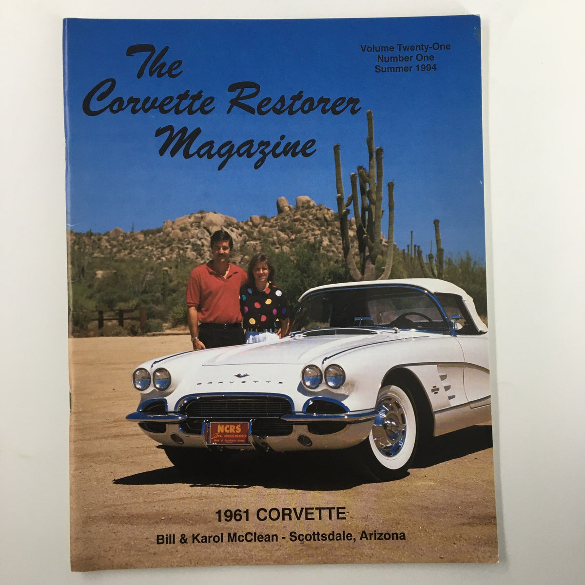 The Corvette Restorer Magazine Summer 1994 cover featuring Bill & Karol McClean with their 1961 Corvette in a desert landscape, showcasing classic automotive culture.