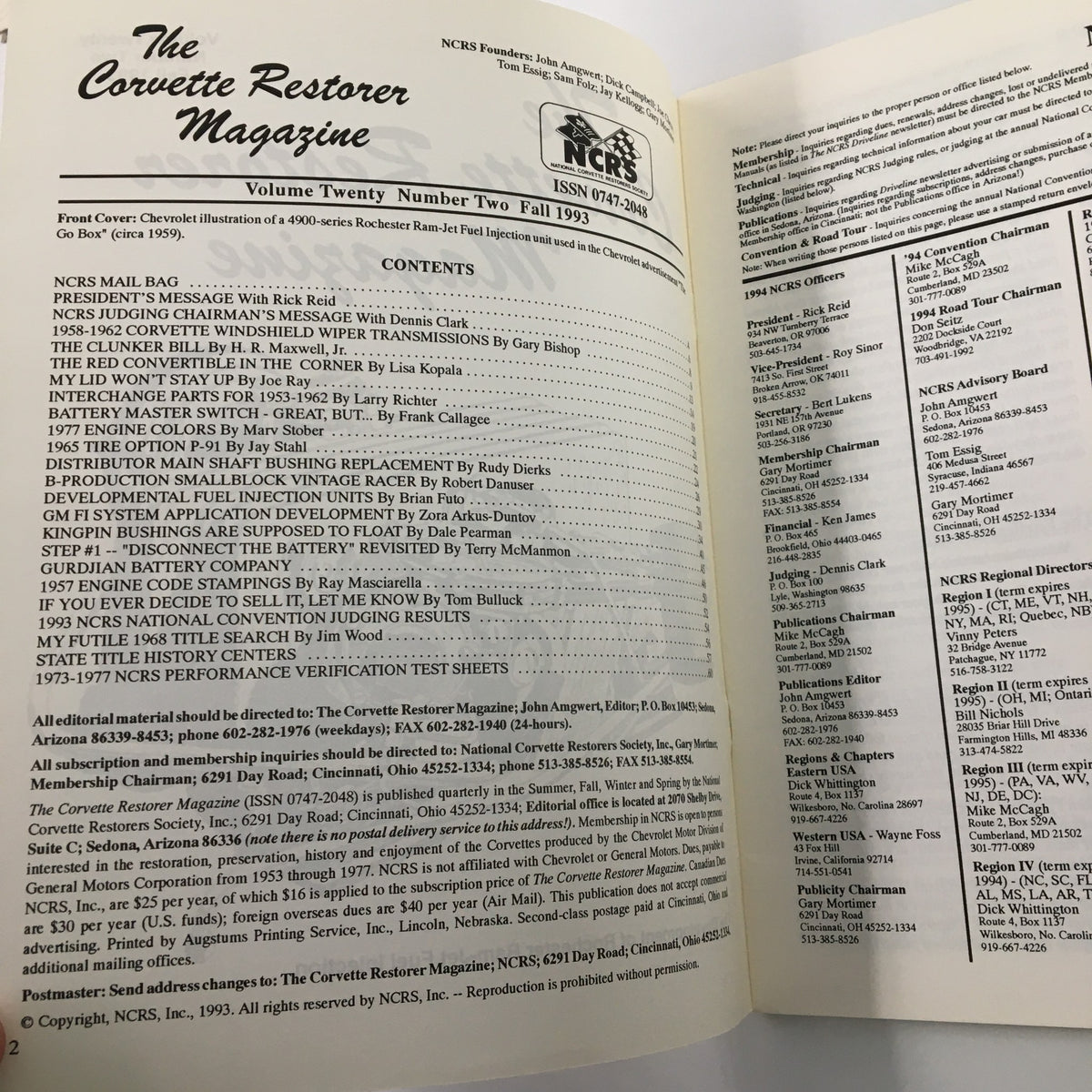 Interior pages of The Corvette Restorer Magazine Fall 1993, displaying the contents list with articles on automotive restoration topics and battery master switches.