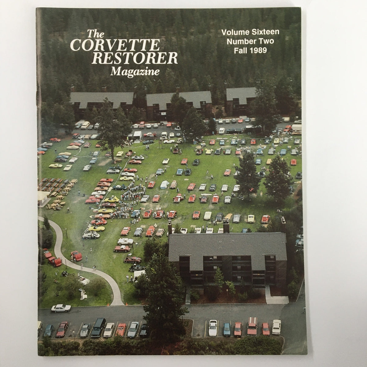Cover of The Corvette Restorer Magazine, Fall 1989, showcasing an aerial view of a large gathering of Corvette cars in a green field, reflecting classic car culture.