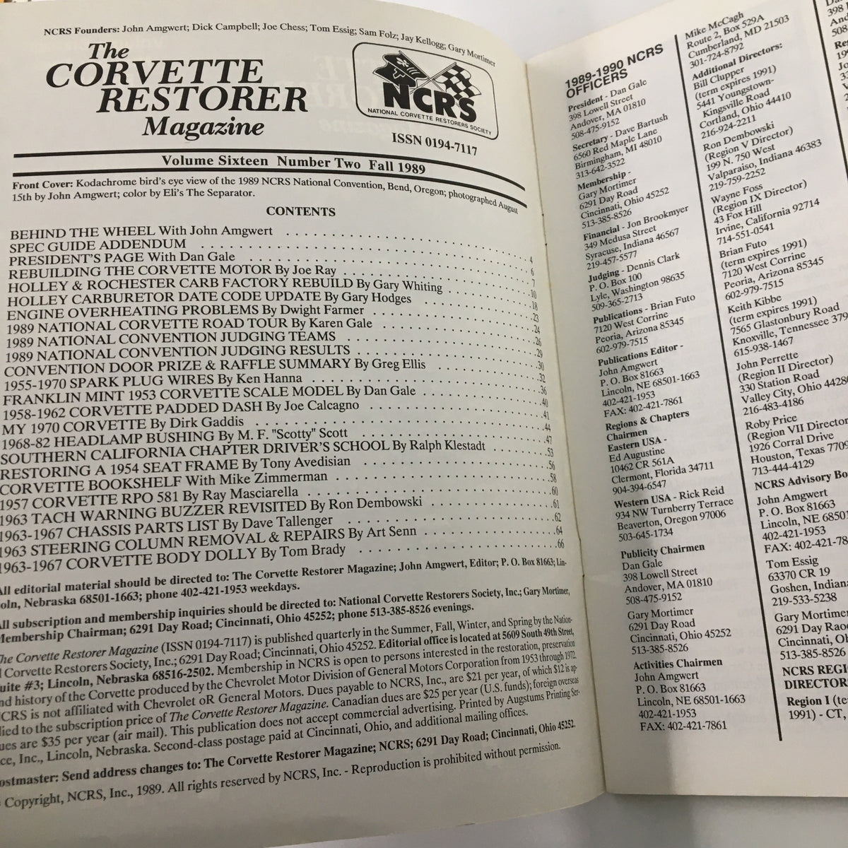 Interior page of The Corvette Restorer Magazine, Fall 1989, displaying the contents and articles focused on Corvette restoration and automotive insights.