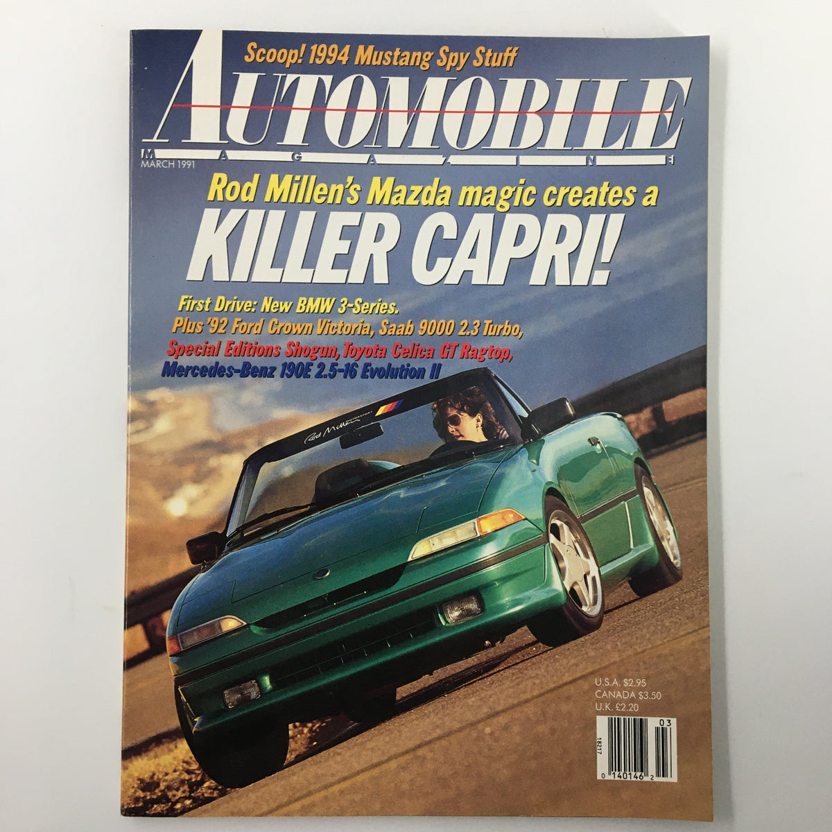 Cover of the Automobile Magazine March 1991 featuring Rod Millen's Mazda Killer Capri. The magazine highlights automotive innovations and includes featured articles.