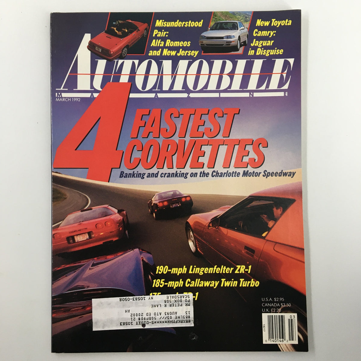 Cover of Automobile Magazine March 1992 featuring 'The 4 Fastest Corvettes' with vibrant images of classic Corvettes racing on the Charlotte Motor Speedway.