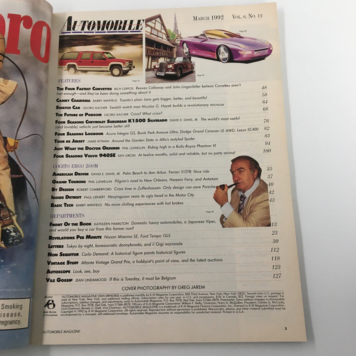 Inside page of Automobile Magazine March 1992 displaying content features and articles including 'The Four Fastest Corvettes' and other automotive insights.