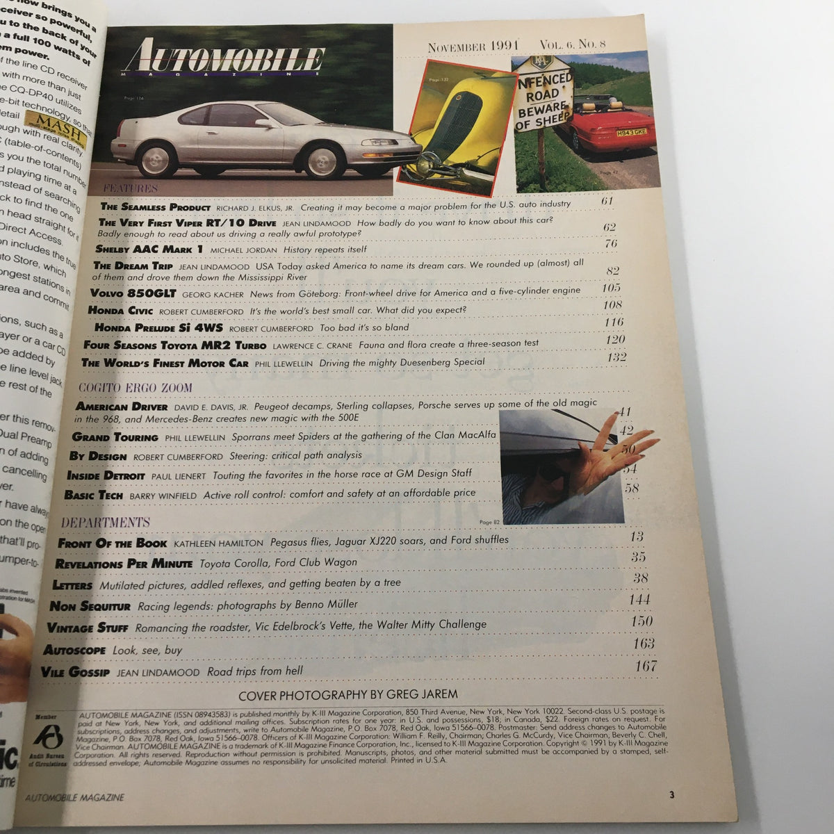 Interior page from Automobile Magazine November 1991 with articles and features, including highlights on vehicles like Honda Civic and Shelby AAC, emphasizing the automotive innovations of the early '90s.