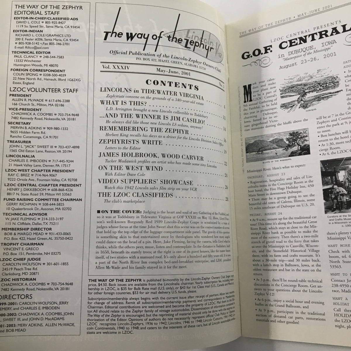 Inside page of The Way of the Zephyr Magazine, May 2001. The contents include articles about Toddsbury, Virginia and various features of the Lincoln-Zephyr Owners Club, reflecting the magazine's relevance to collectors of vintage publications.