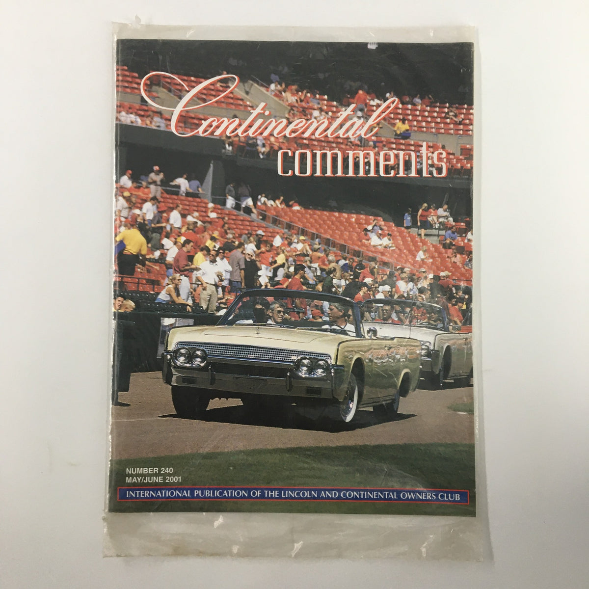Cover of Continental Comments Magazine May 2001 #240 featuring James Reid's 1961 Lincoln Sedan, showcasing classic cars and the Lincoln and Continental Owners Club.