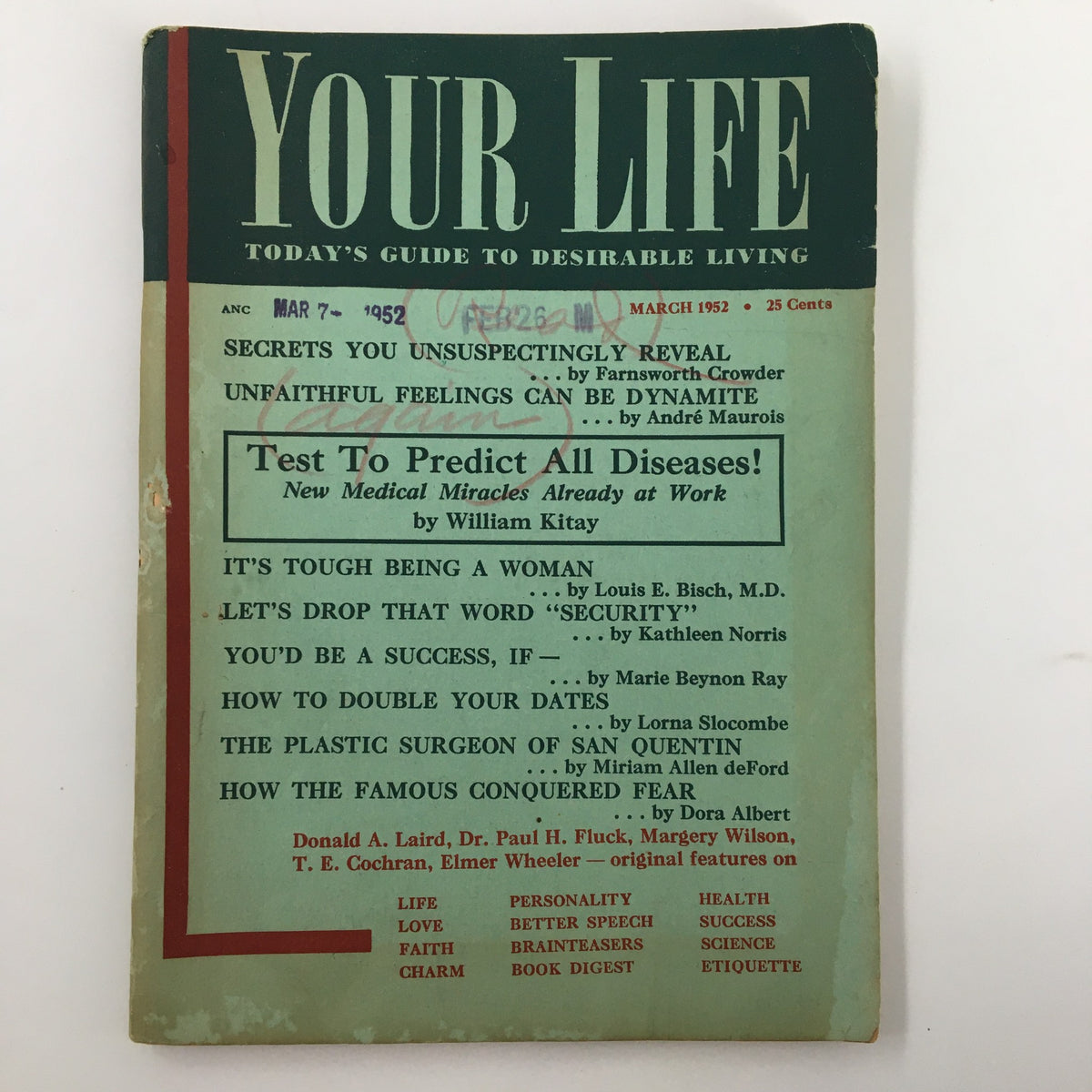 Cover of 'VTG Your Life Magazine March 1952' featuring the headline 'Secrets You Unsuspectingly Reveal' and list of articles including 'Test To Predict All Diseases!' and more.