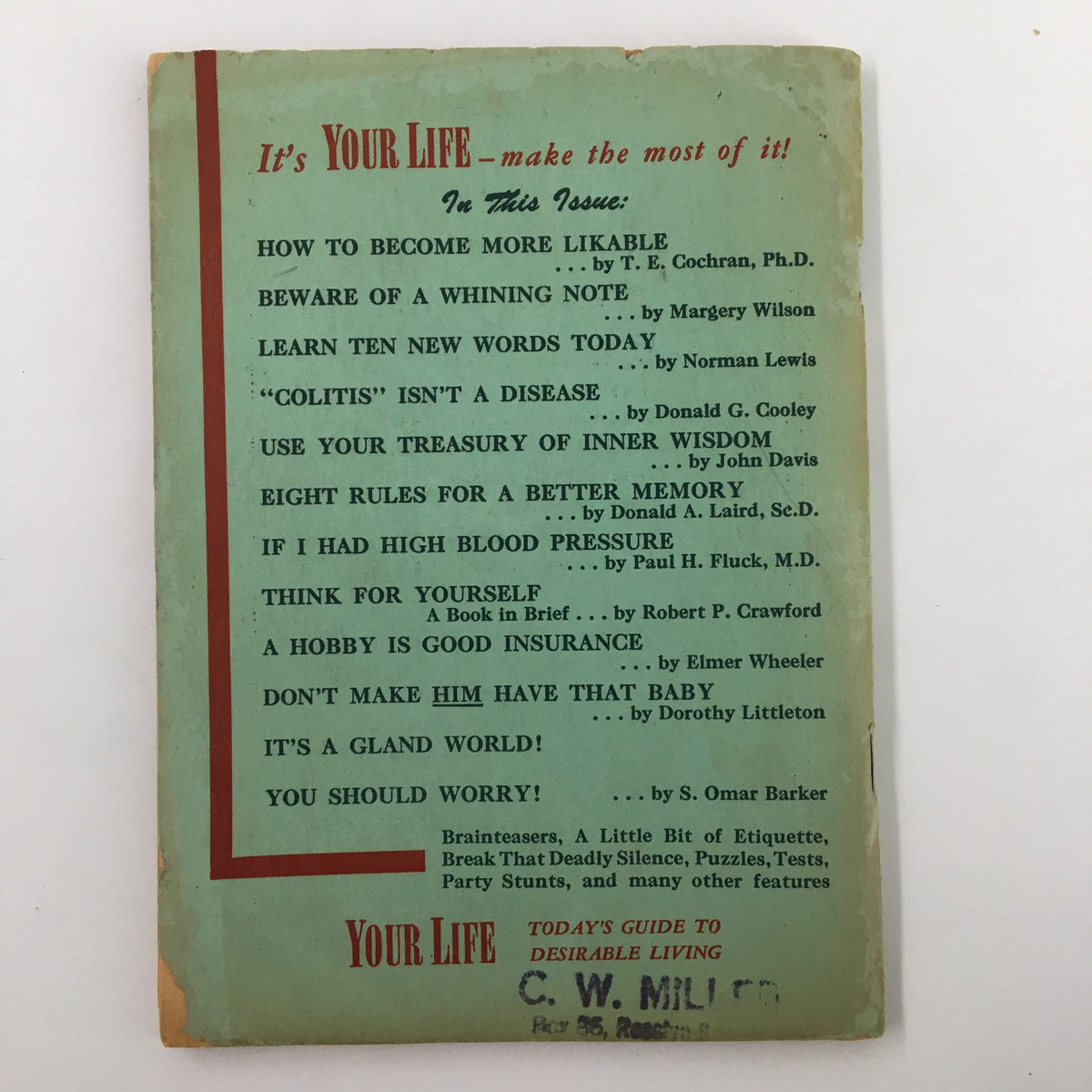 Back cover of 'VTG Your Life Magazine March 1952' listing articles such as 'Think for Yourself' and 'A Hobby is Good Insurance', emphasizing the magazine's vintage appeal.
