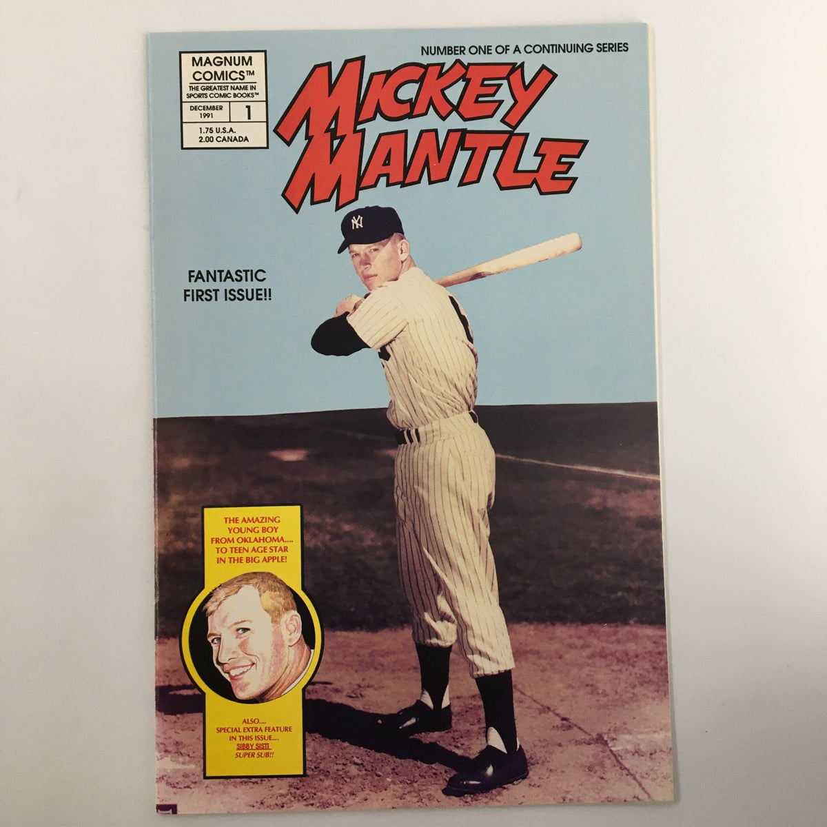 Cover of December 1991 First Issue Magnum Comics The Mickey Mantle Story featuring Mickey Mantle in a baseball uniform with bat, promoting it as a fantastic first issue.