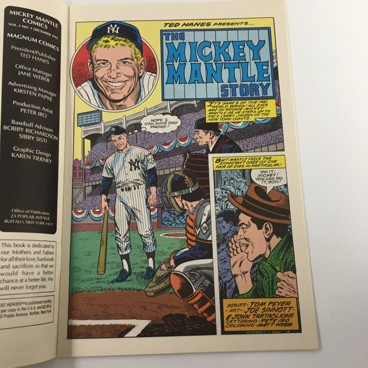 Interior page of December 1991 First Issue Magnum Comics The Mickey Mantle Story showcasing artwork of Mickey Mantle at bat with commentary from other characters.