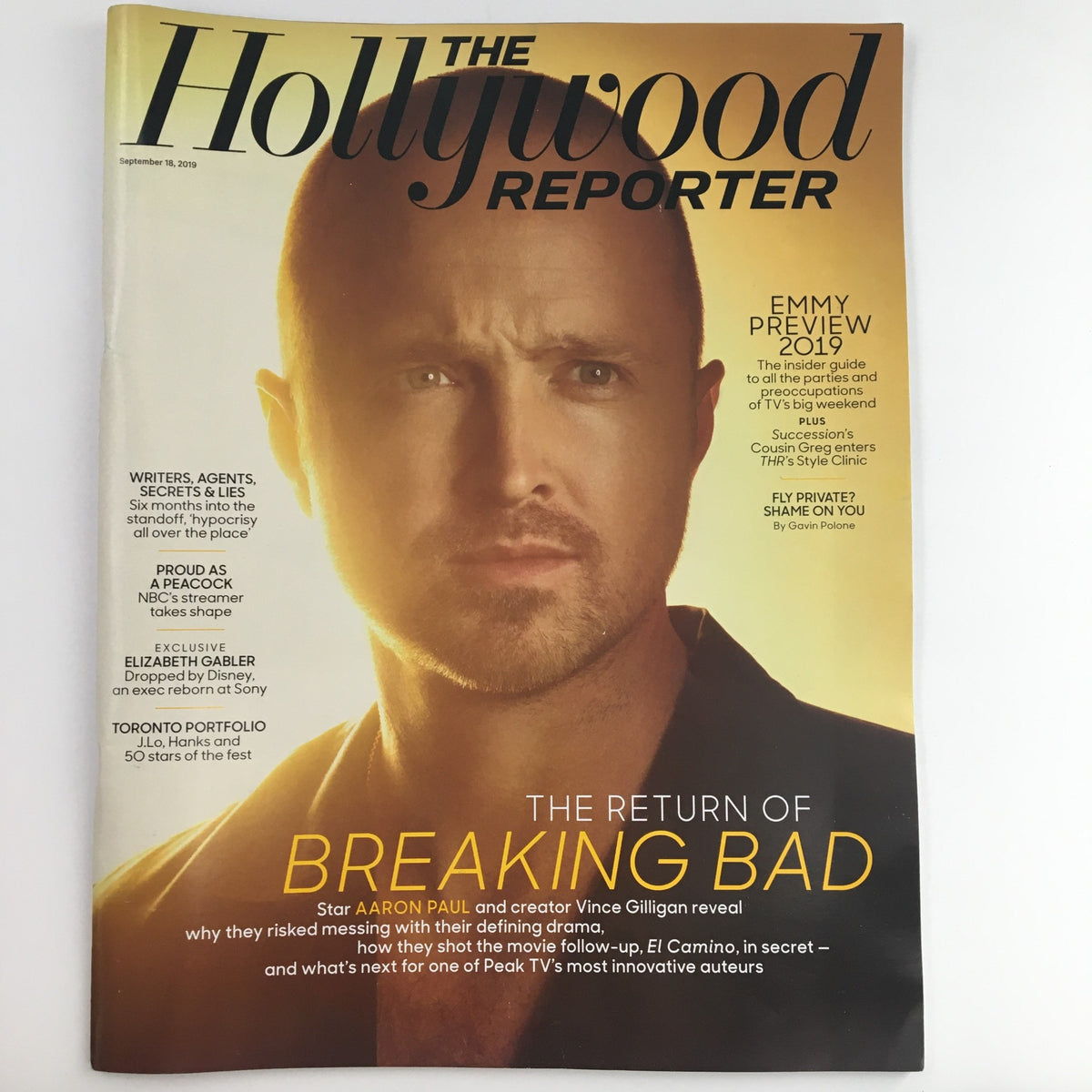 Cover of The Hollywood Reporter magazine dated September 18, 2019 featuring Aaron Paul, with the headline 'The Return of Breaking Bad' and a prominent feature on Emmy previews, showcasing a spotlight on entertainment and pop culture.