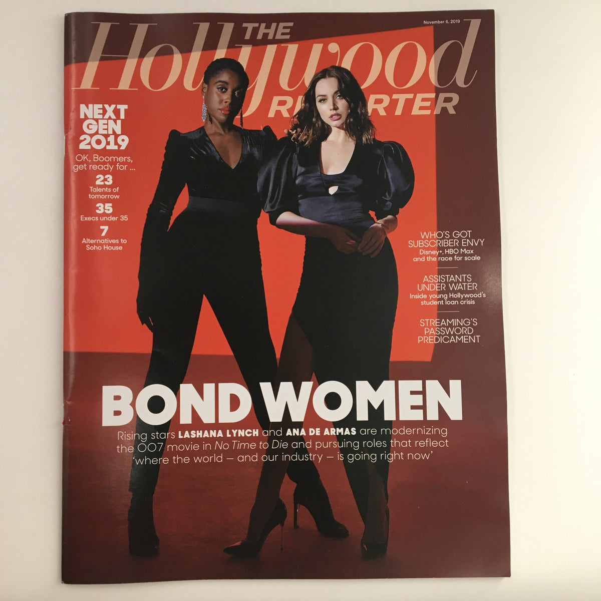The Hollywood Reporter cover from November 6, 2019, featuring Lashana Lynch and Ana De Armas as rising stars, highlighting their roles in modernizing the 007 film series.