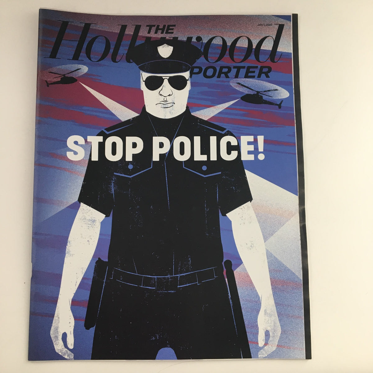 Cover of The Hollywood Reporter July 1 2020 Stop Police Issue, featuring a police officer illustration with the text 'STOP POLICE!'