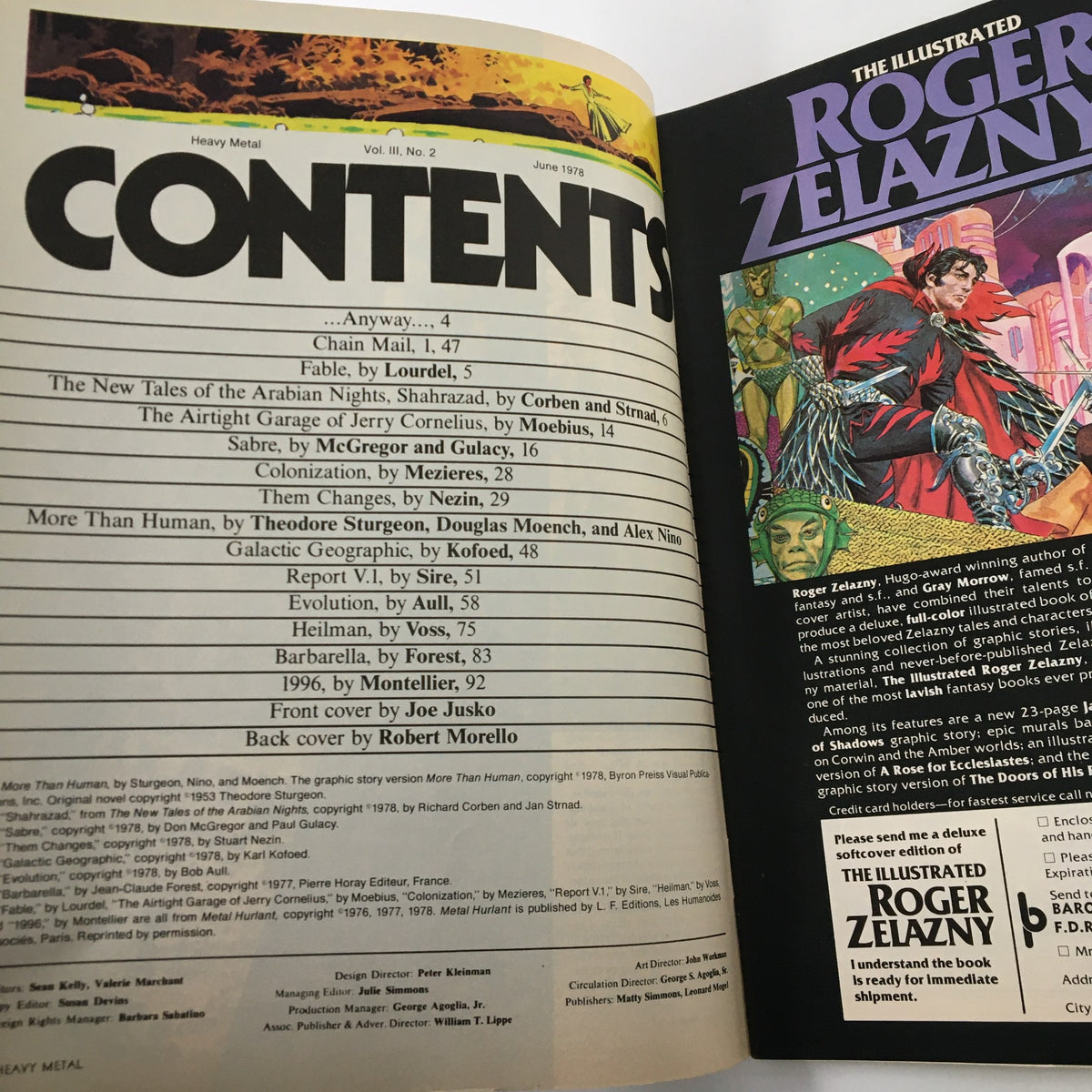Contents page of VTG Heavy Metal Magazine June 1978 Vol III #2, showcasing titles and contributors for featured stories like 'The New Tales of Arabian Nights' and works by Roger Zelazny.