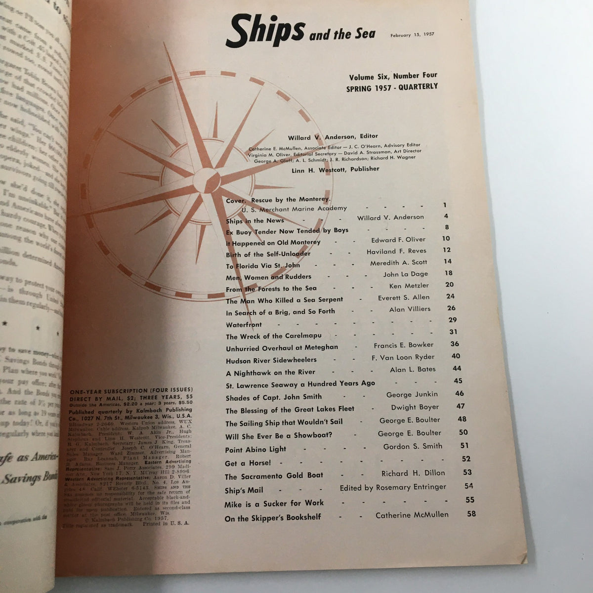 Contents page of Ships and the Sea Magazine Spring 1957, listing articles and features related to maritime topics and naval history.